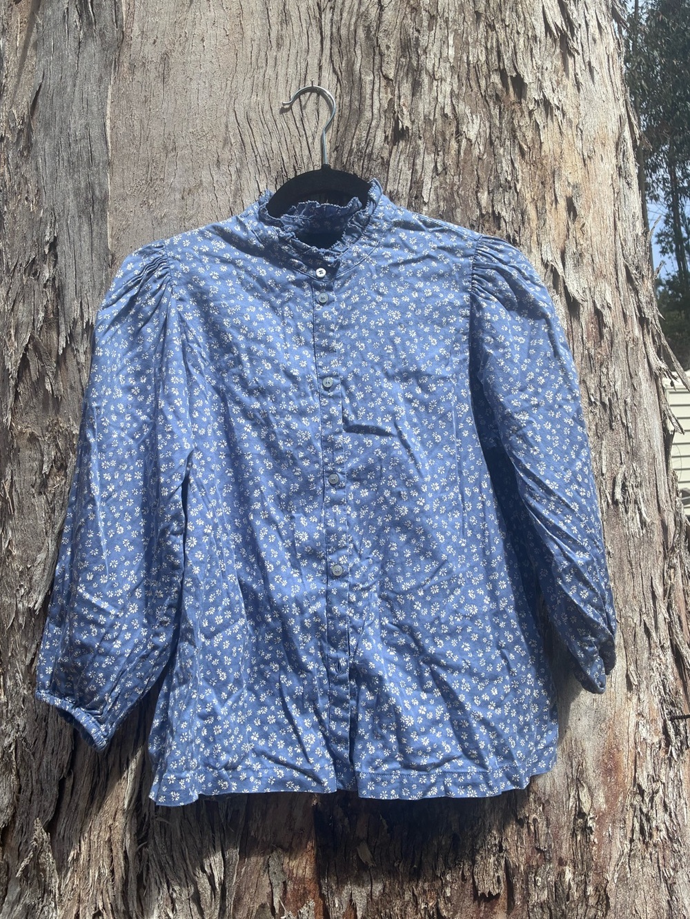 Blue Floral Button-Up Gap Shirt with Ruffled Collar